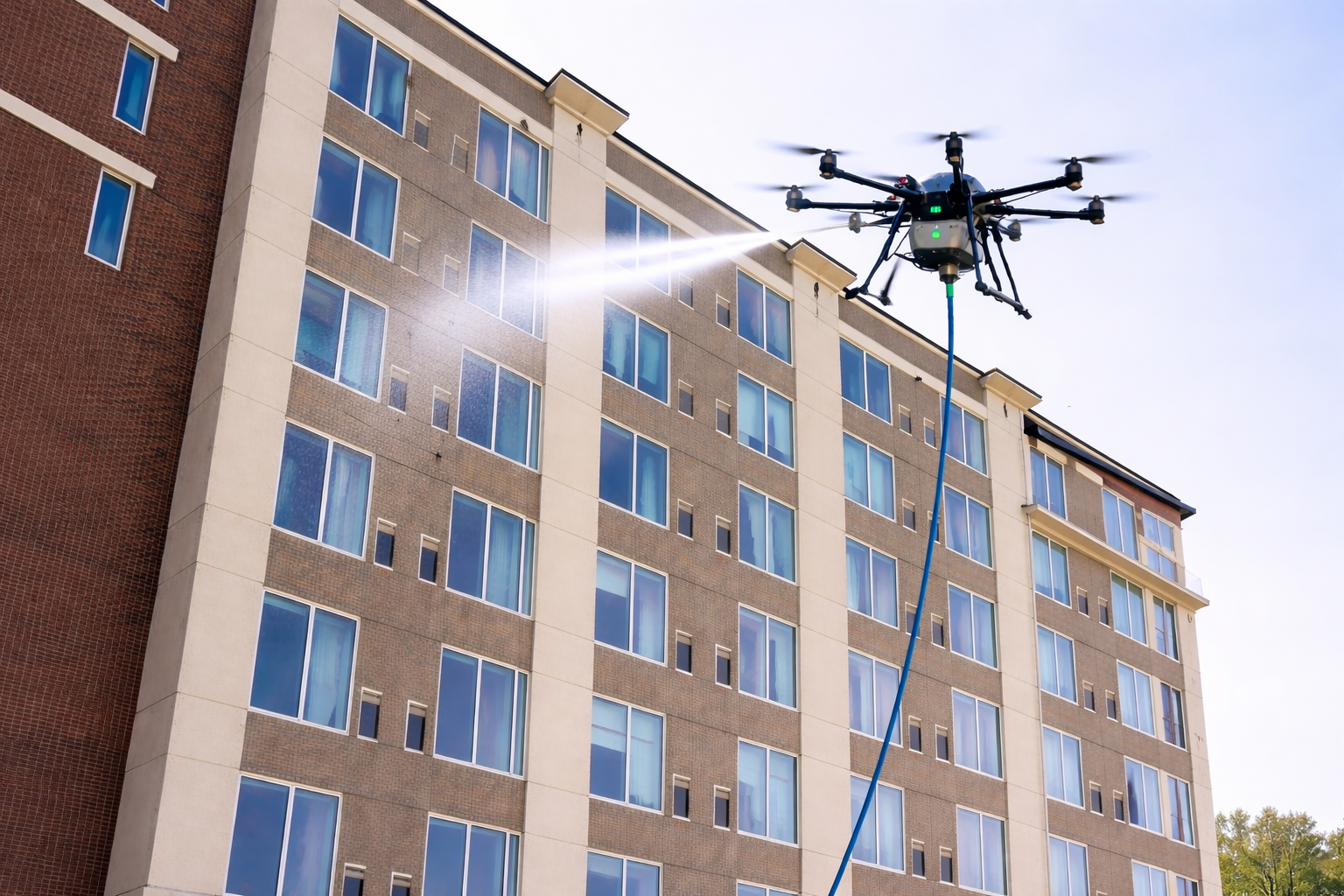 drone cleaning windows on sunny day