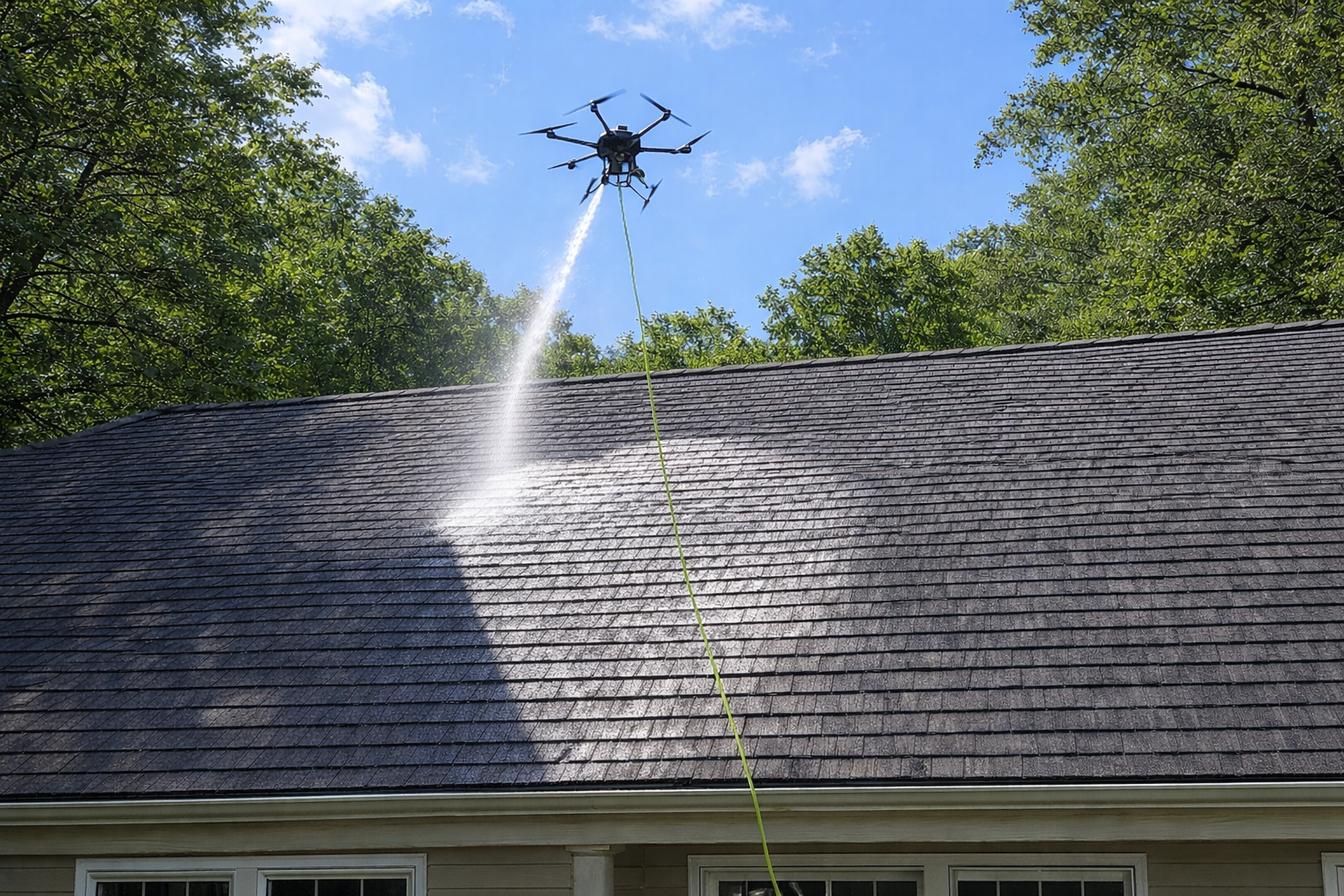 drone cleans suburban home's roof